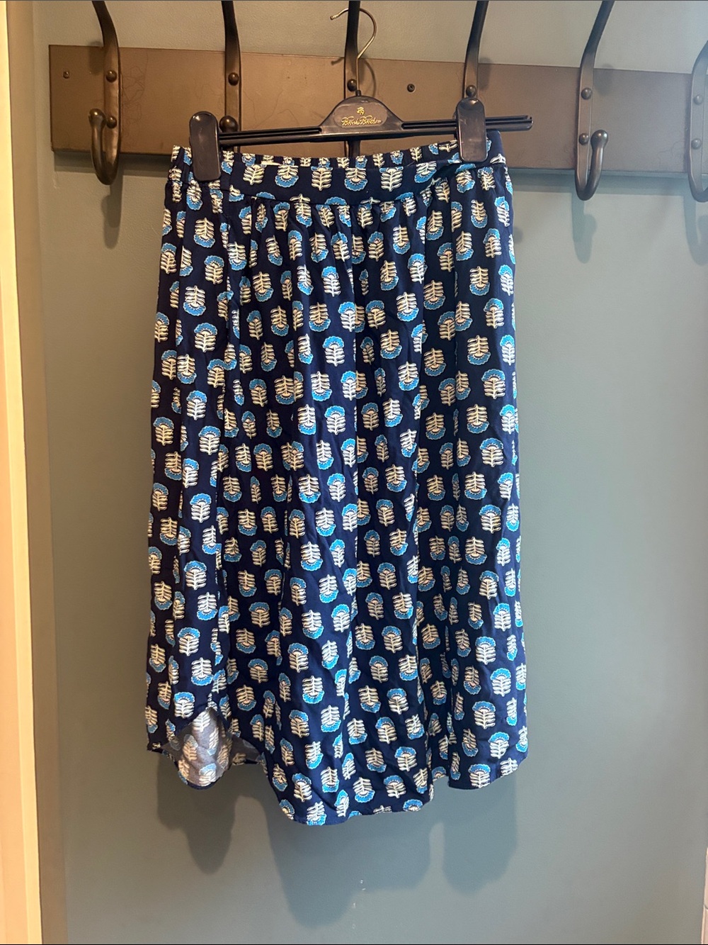 J. Crew Navy Midi Skirt with White and Light Blue Leaf Print